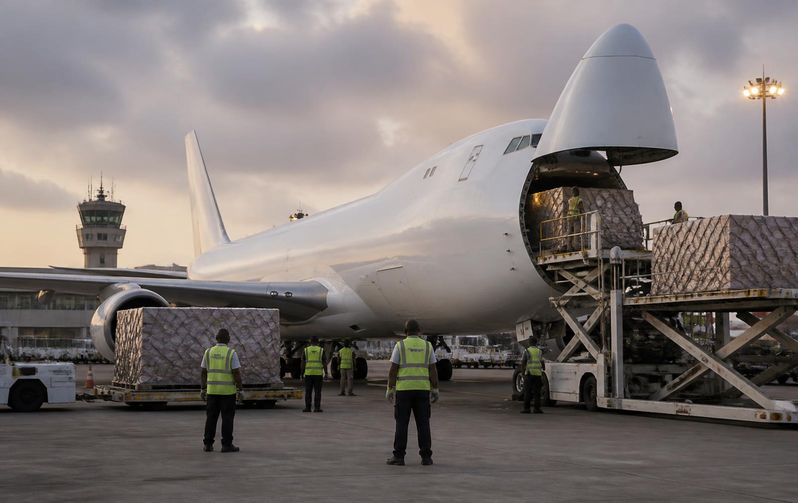 Air cargo being loaded onto a freighter aircraft at dusk