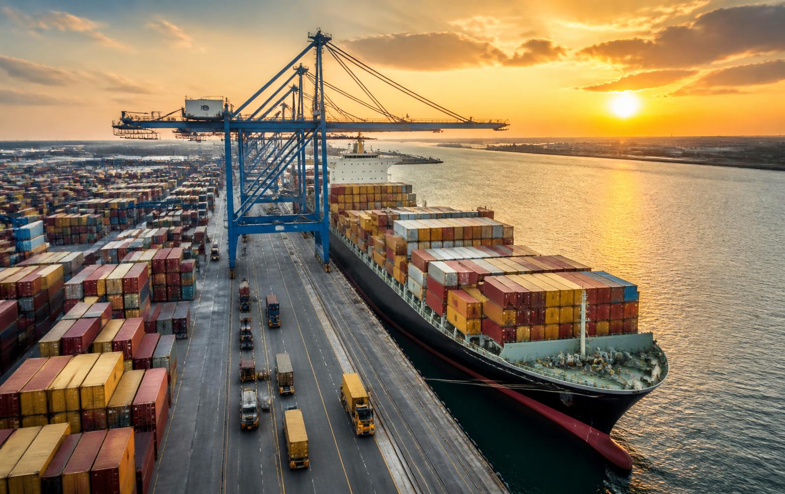 Container ship being loaded by gantry cranes at a West African port at dusk