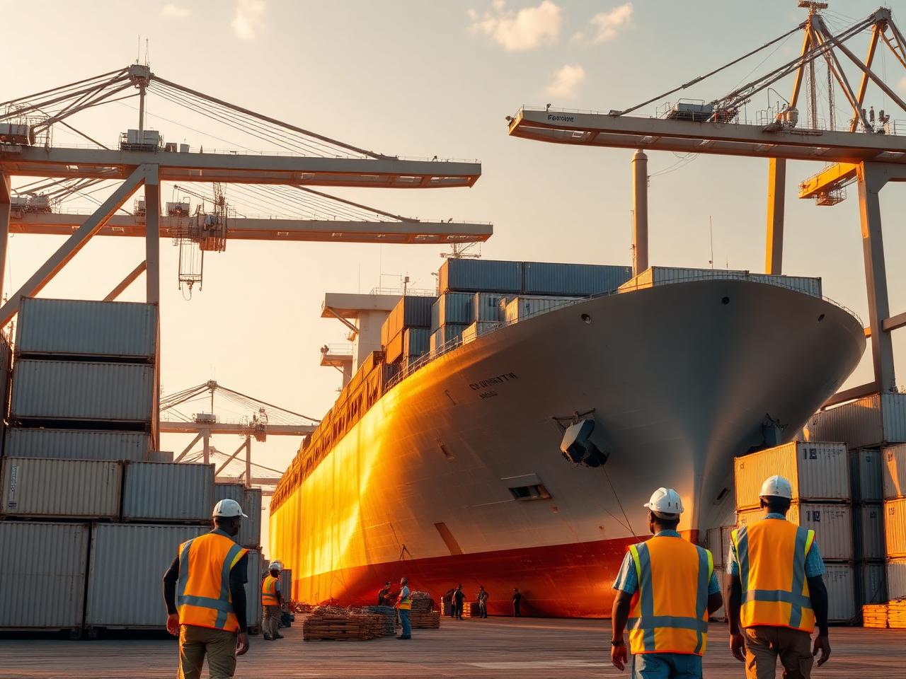 Container vessel loading at Tema Port in Ghana with dock crew in high-visibility vests